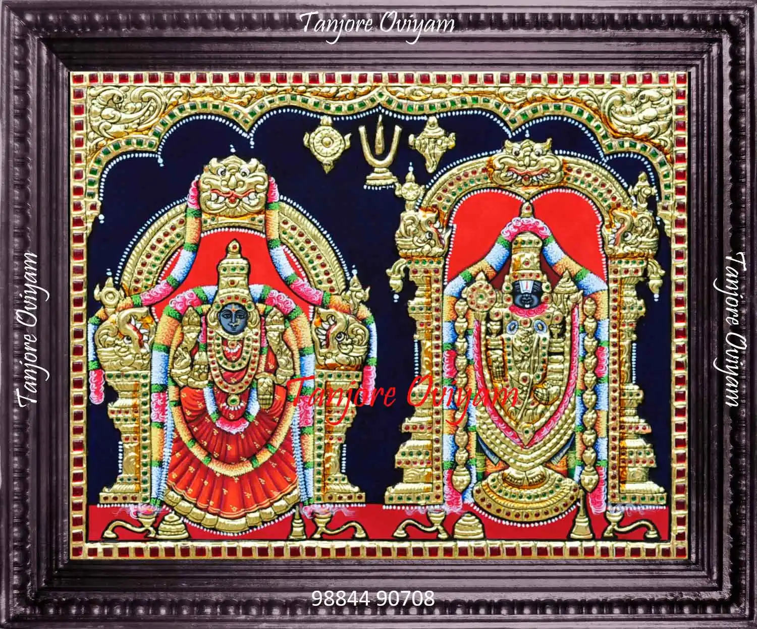 Balaji Thayar Tanjore painting with temple-style arches, gold foil work and traditional Vaishnavite detailing